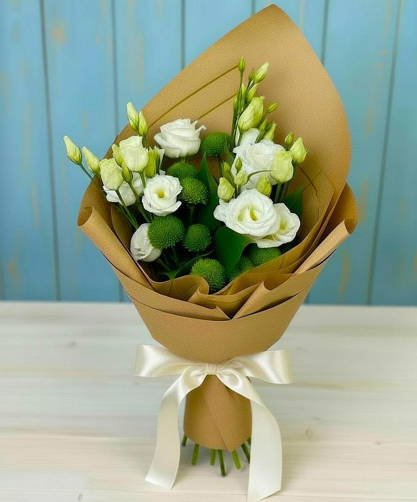 Букет цветов из: Хризантемы и Лизиантусы в Тимонино