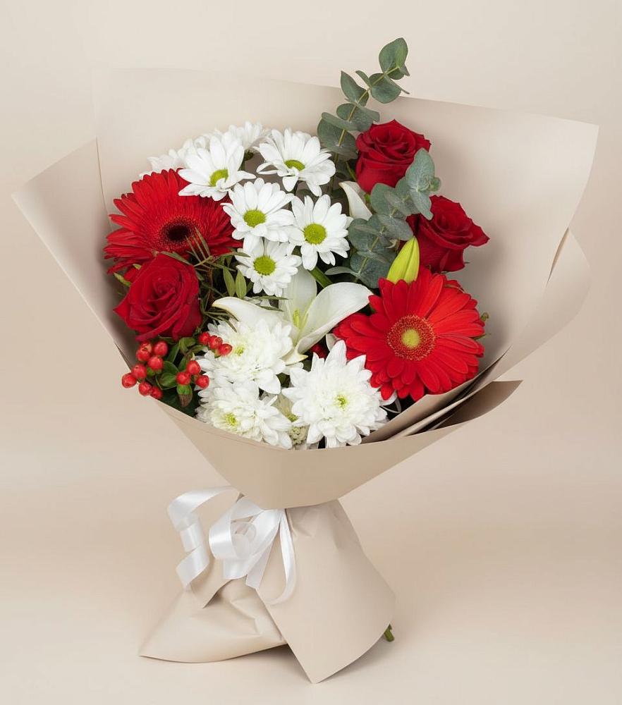 Букет цветов из: Розы, Хризантемы, Герберы и Лилии в Тимонино